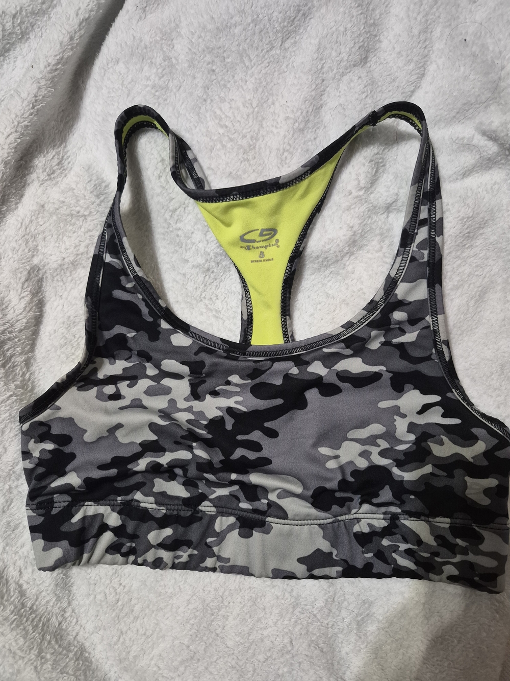 Champion Gray Camo Racerback Sports Bra with Neon Yellow Interior